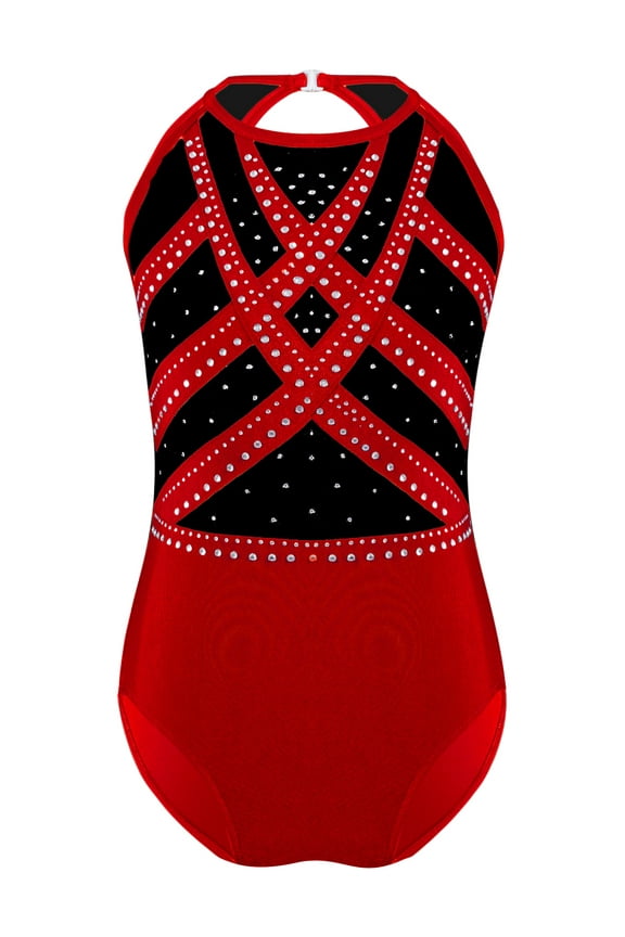 Kids Girls Sparkly Gymnastics Leotard Sleeveless Sport Unitard Rhinestones Romper Figure Ice Red 8