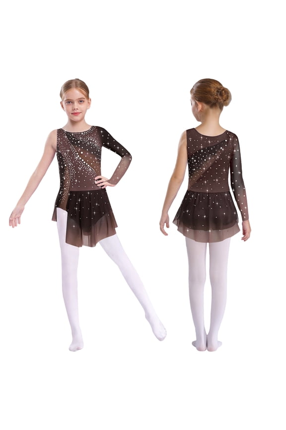 Kids Girls Sparkly Lyrical Dance Dress Long Sleeve Figure Ice Skating Dress Ballet Skirted Leotard Brown 8