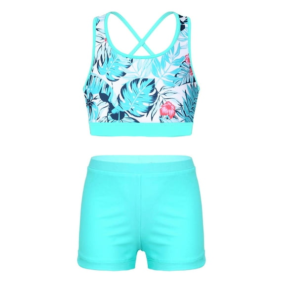 Sholeno Kids Girls Swimwear 2 Piece Athletic Tankini Swimsuit Floral Print Crop Top With Booty Shorts Leaf&Light Green 12