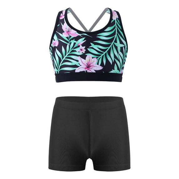 Sholeno Kids Girls Swimwear 2 Piece Athletic Tankini Swimsuit Floral Print Crop Top With Booty Shorts Lily&Black 10