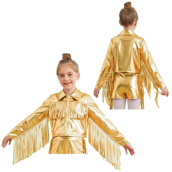 Sholeno Kids Girls Tassel Metallic Jacket Long Sleeve Zipper Shiny Holographic Fringe Jacket for Birthday Party Gold 12
