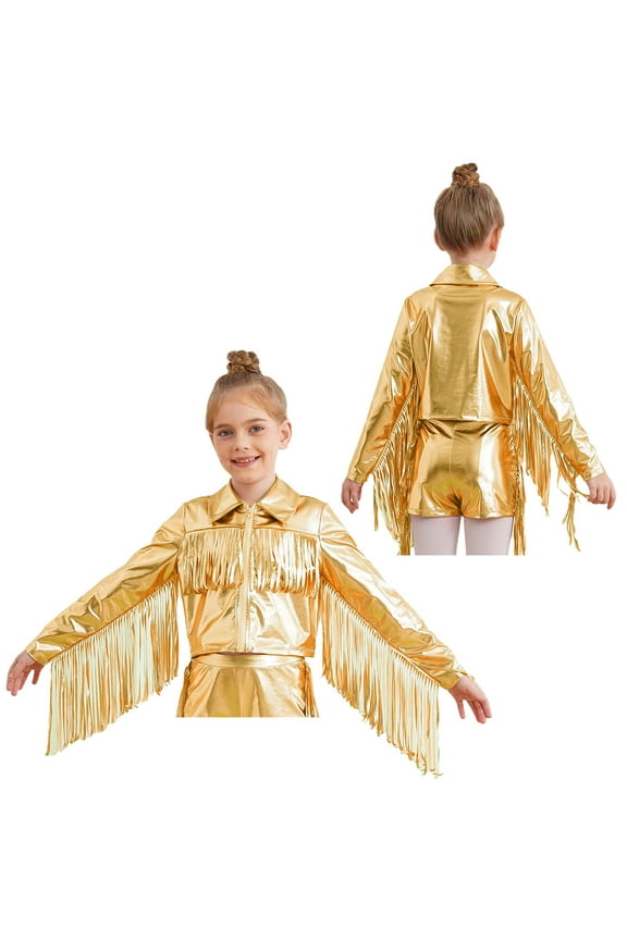 Kids Girls Tassel Metallic Jacket Long Sleeve Zipper Shiny Holographic Fringe Jacket for Birthday Party Gold 14