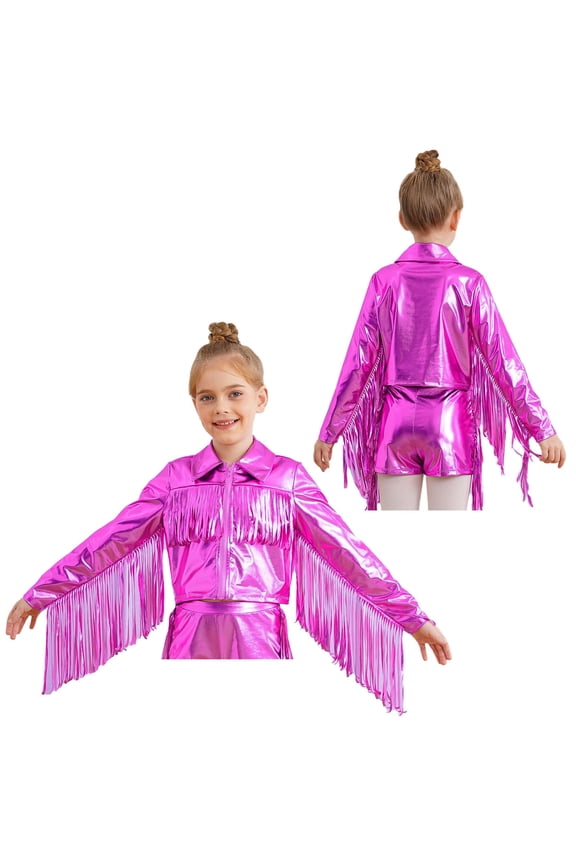 Kids Girls Tassel Metallic Jacket Long Sleeve Zipper Shiny Holographic Fringe Jacket for Birthday Party Hot Pink 6