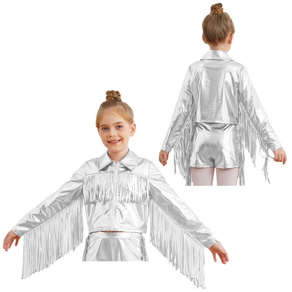 Sholeno Kids Girls Tassel Metallic Jacket Long Sleeve Zipper Shiny Holographic Fringe Jacket for Birthday Party Silver 10