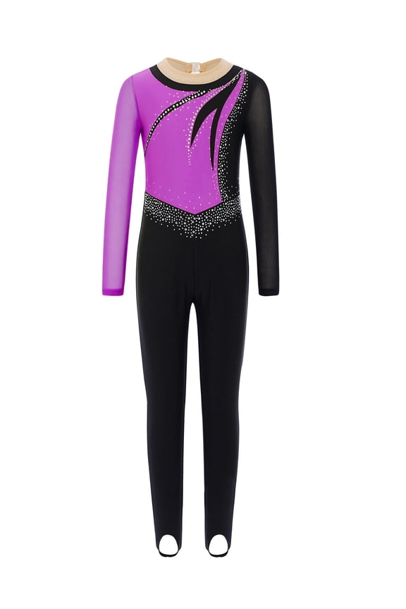 Kids Girls Unitard Long Sleeve Full Body Leotard Gymnastics Ballet Dance Performance Jumpsuit Purple 10