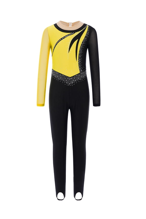 Kids Girls Unitard Long Sleeve Full Body Leotard Gymnastics Ballet Dance Performance Jumpsuit Yellow 6