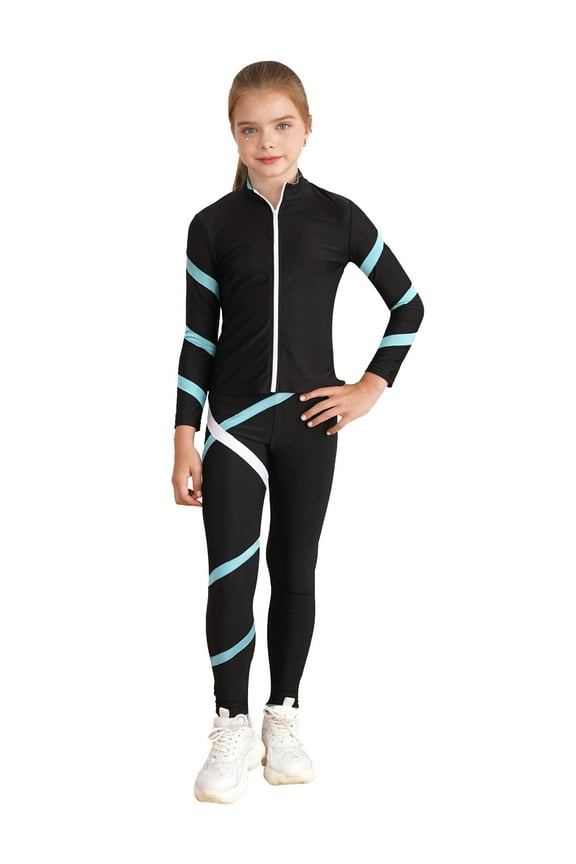 Kids Ice Skating Outfit Girls Zip Jacket Coat with Figure Skating Leggings Yoga Dance Pants Light Blue 6