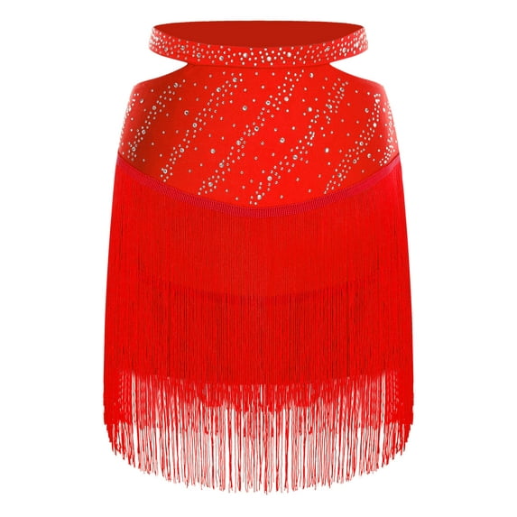 Sholeno Latin Dance Skirt for Women Cutout Elastic Waist Shiny Cha Cha Salsa Rumba Ballroom Dancewear Red S