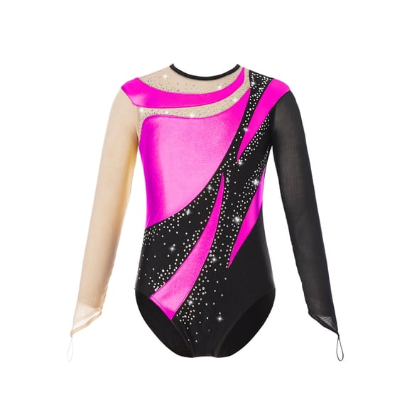Sholeno Long Sleeve Gymnastic Leotard for Girls Metallic Rhinestone Dance Skating Unitard Competition Hot Pink 16