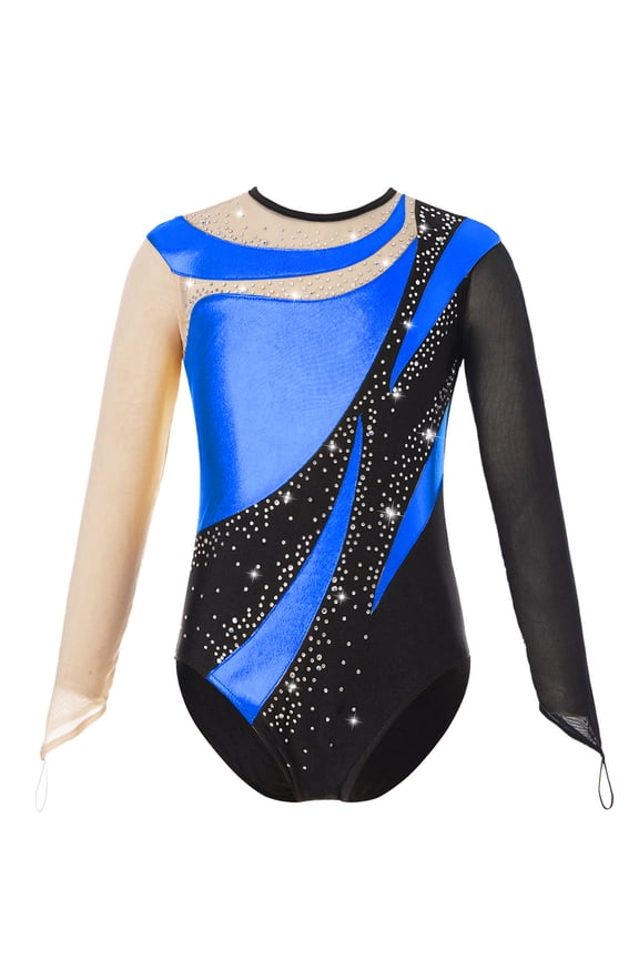 Long Sleeve Gymnastic Leotard for Girls Metallic Rhinestone Dance Skating Unitard Competition Royal Blue 8