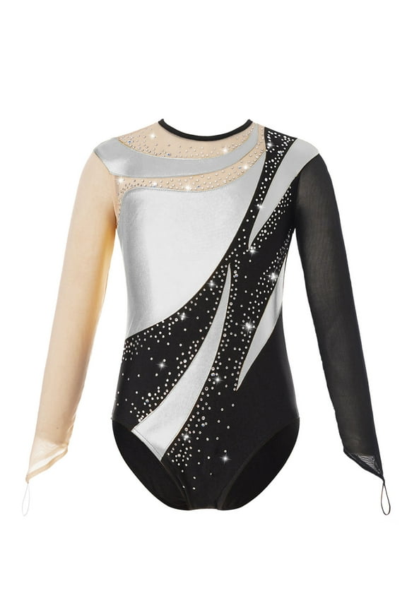 Long Sleeve Gymnastic Leotard for Girls Metallic Rhinestone Dance Skating Unitard Competition Silver 16