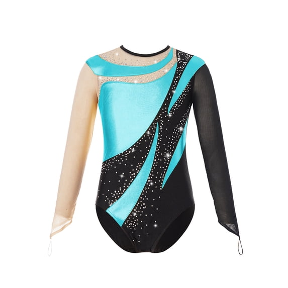 Sholeno Long Sleeve Gymnastic Leotard for Girls Metallic Rhinestone Dance Skating Unitard Competition Turquoise 16