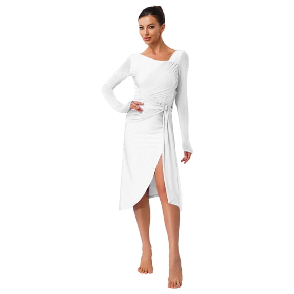 Sholeno Lyrical Dance Dress for Women V-neck Long See-through Sleeves Rhinestone Modern Contemporary White L