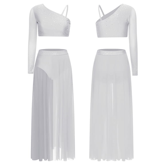 Sholeno Lyrical Dance Dress for Womens Rhinestones Crop Top with Split Skirt 2 Piece Dancing Outfit White L