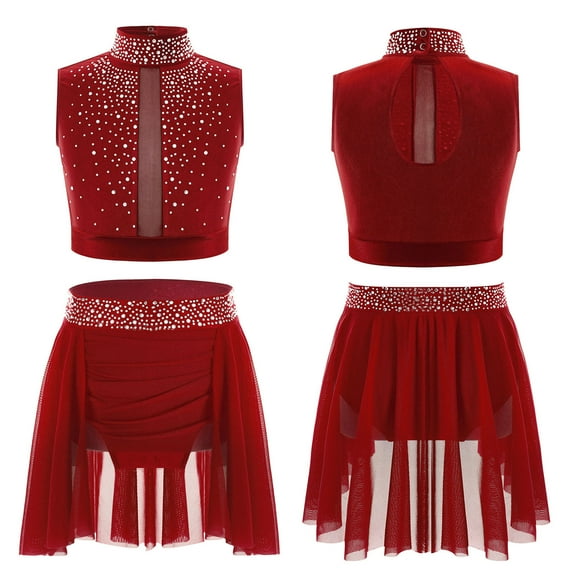 Sholeno Lyrical Dance Outfits for Girls Gymnastic Leotard Wrap Skirt Latin Jazz Dance Performance Costume Burgundy 10