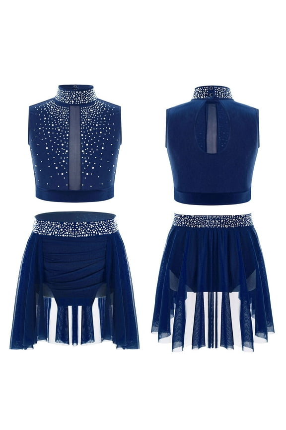 Lyrical Dance Outfits for Girls Gymnastic Leotard Wrap Skirt Latin Jazz Dance Performance Costume Navy Blue 10