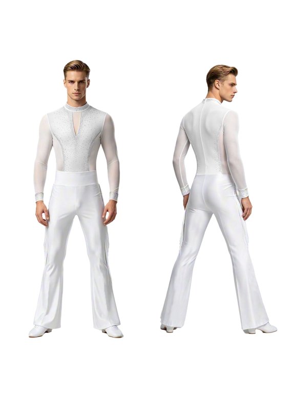 Men's Long Sleeves Latin Ballroom Dance Bodysuits Chacha Rumba Samba Leotrad Tops Shirts Black Flared Pants White M