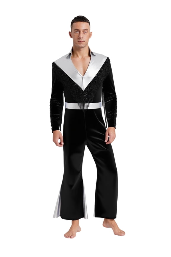 Men's Metallic Shiny Tassel Jumpsuits for Party Disco Jazz Waltz Ballroom Dance Performance Black 3XL