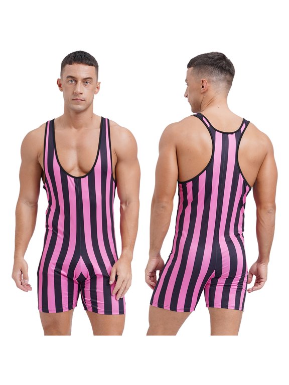 Men's Striped Wrestling Singlet U Neck Sleeveless Racerback Boxer Leotard Sportwear Hot Pink XL