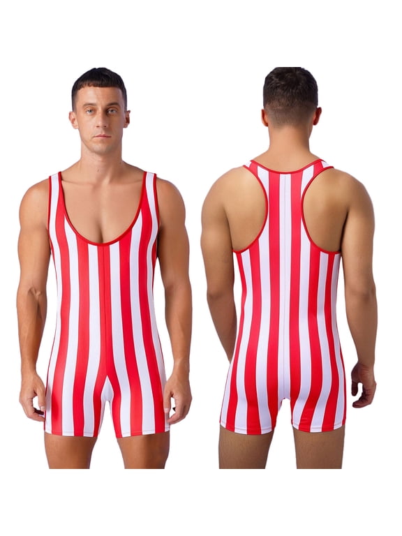 Men's Striped Wrestling Singlet U Neck Sleeveless Racerback Boxer Leotard Sportwear Red&White M