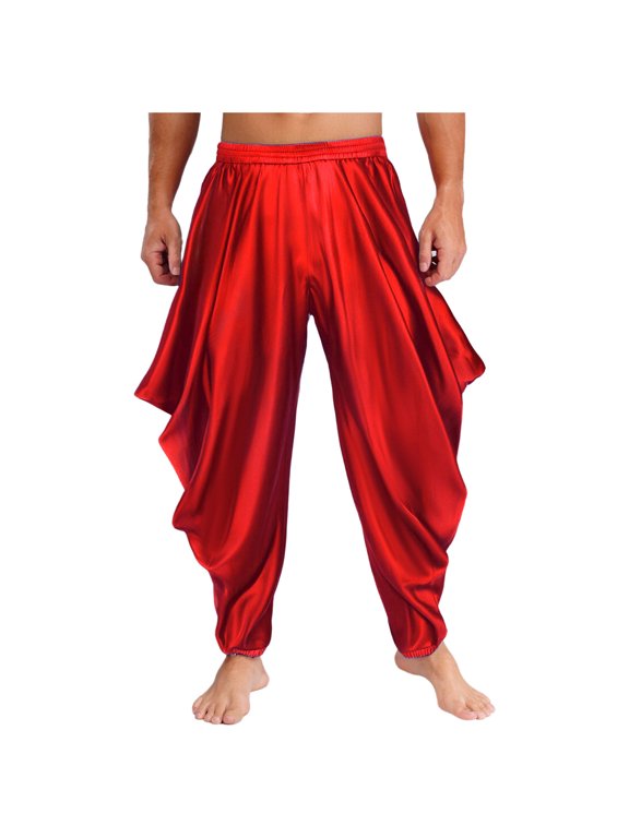 Mens Arabian Prince Loose Satin Bloomers Long Trousers Belly Dance Harem Pants Red L