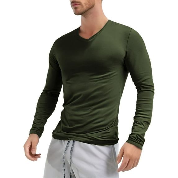 Sholeno Mens Casual Slim Fit T-shirt V Neck Long Sleeve Solid Color Undershirt Sports Workout Tee Army Green XL