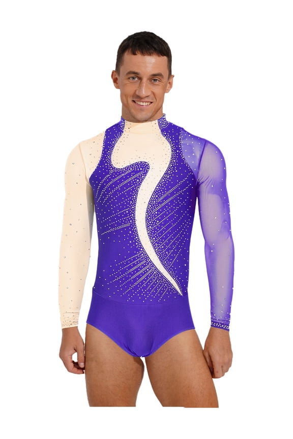Mens Color Block Figure Skating Gymnastics Leotard Mock Neck Long Sleeve Training Bodysuit Tops White XL
