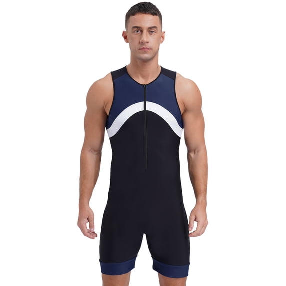 Sholeno Mens One Piece Swimsuit Zipper Bodysuit Sun Protection Rash Guard Surfing Suit Swimwear Navy Blue XXL