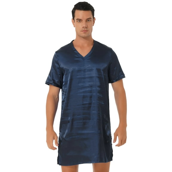 Sholeno Mens Satin Night Shirt V Neck Short Sleeve Sleep Shirt Loose Comfy Nightgown Navy Blue L