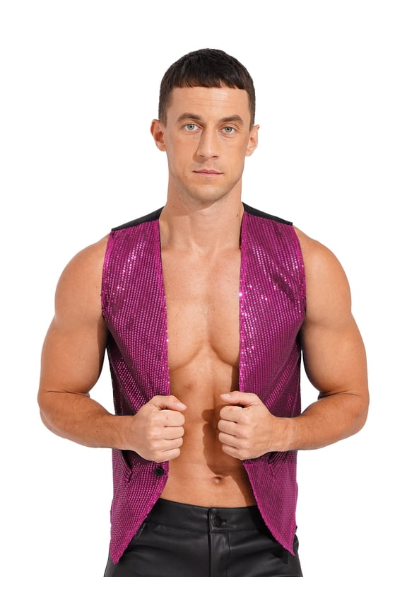Mens Sequin Vest Shiny Party Sleeveless Waistcoat Button V-Neck Vest Jacket Tuxedo Ugly Hot Pink 3XL