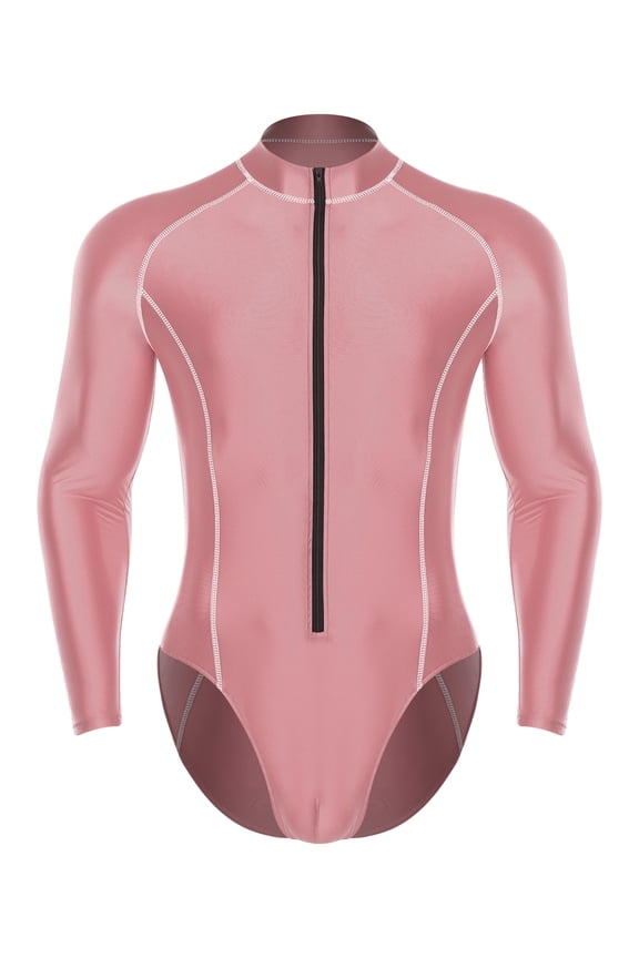 Mens Zip Mock Neck Long Sleeve Glossy Workout Leotards Sports Fitness Swimming Surfing Jumpsuit Pink 3XL