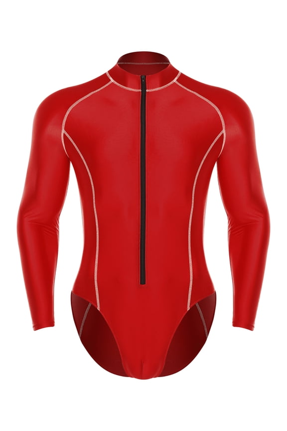 Mens Zip Mock Neck Long Sleeve Glossy Workout Leotards Sports Fitness Swimming Surfing Jumpsuit Red 4XL