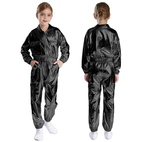 Sholeno Teens Boys Girls Hip Hop Jazz Dance Disco Party Costume Long Sleeve Jacket Crop Tops and Shiny Pants Black 12