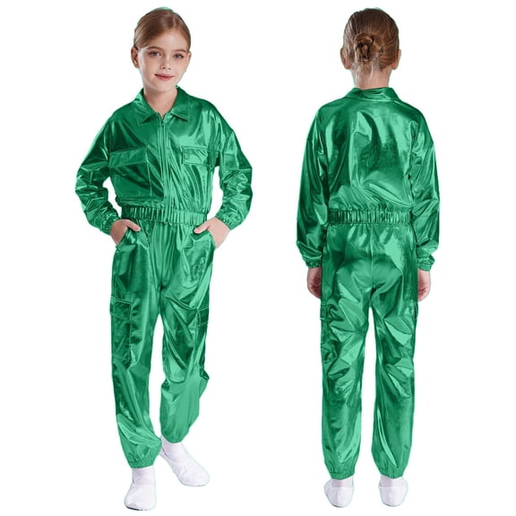 Sholeno Teens Boys Girls Hip Hop Jazz Dance Disco Party Costume Long Sleeve Jacket Crop Tops and Shiny Pants Green 6