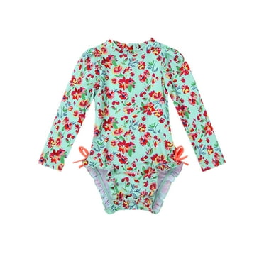 Sholeno Toddler Baby Girls One Piece Swimsuit Long Sleeve Ruffle Rash Guard Zipper Back Bathing Suit Light Green 12-18M