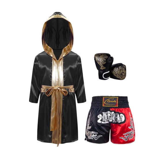 Sholeno Unisex Kids Boxing Uniform Boxer Costumes Satin Long Hooded Boxing Robe with Muay Thai Shorts Set Black&Gold 10