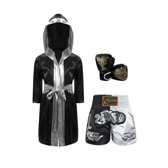 Sholeno Unisex Kids Boxing Uniform Boxer Costumes Satin Long Hooded Boxing Robe with Muay Thai Shorts Set Black&Silver 16