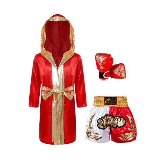 Sholeno Unisex Kids Boxing Uniform Boxer Costumes Satin Long Hooded Boxing Robe with Muay Thai Shorts Set Burgundy&Yellow 8