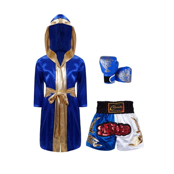 Sholeno Unisex Kids Boxing Uniform Boxer Costumes Satin Long Hooded Boxing Robe with Muay Thai Shorts Set Royal Blue 14