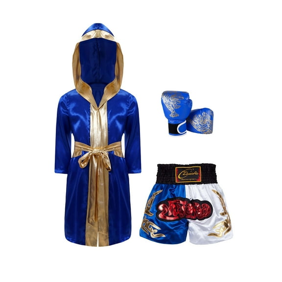 Sholeno Unisex Kids Boxing Uniform Boxer Costumes Satin Long Hooded Boxing Robe with Muay Thai Shorts Set Royal Blue 6