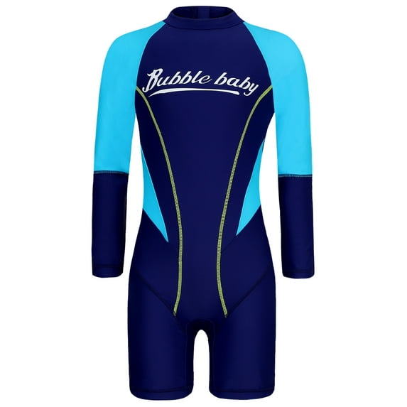 Sholeno Unisex Kids One Piece Athletic Swimwear UPF 50+ Long Sleeve Swimsuit Beachwear Shorty Wetsuit Navy Blue 11-12
