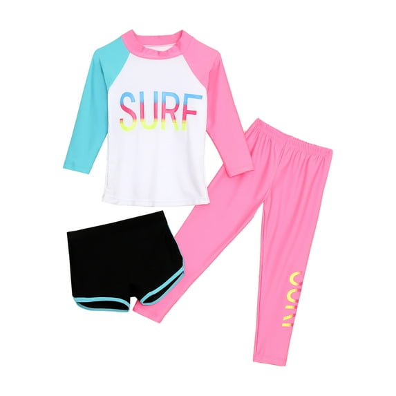 Sholeno Unisex Kids Rash Guard Swimsuit UV Sun Protection Long Sleeve Swimwear 3 Piece Bathing Suit White Pink 5-6