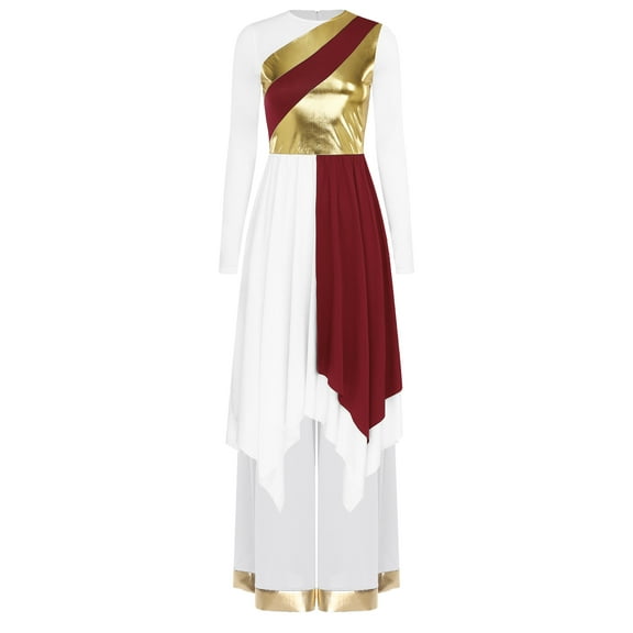 Sholeno Women 2 Piece Praise Dance Outfits Long Sleeve Dress with Wide Leg Pants Worship Dancewear Burgundy White XXL