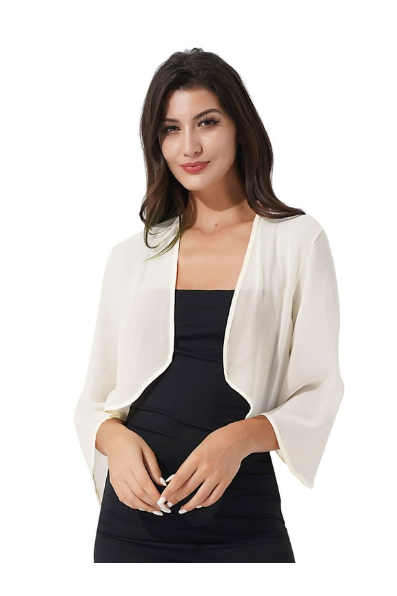 Women 3/4 Sleeve Open Front Cardigan Sheer Chiffon Bolero Shrug Elegant Shawl Jacket Cover Champagne XXL