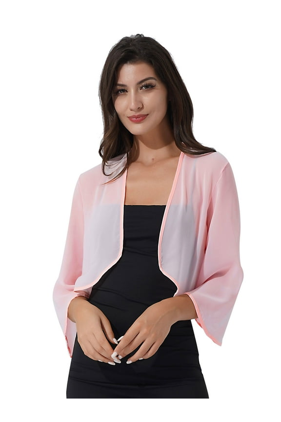 Women 3/4 Sleeve Open Front Cardigan Sheer Chiffon Bolero Shrug Elegant Shawl Jacket Cover Pink M