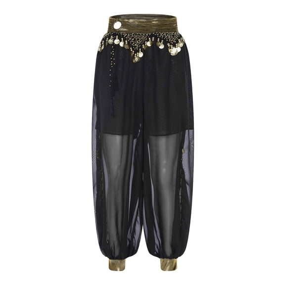 Sholeno Women Belly Dance Costume Pants Side Split Shiny Beads Tassels Harem Pants Arabic Halloween Black One Size