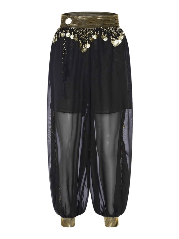 Women Belly Dance Costume Pants Side Split Shiny Beads Tassels Harem Pants Arabic Halloween Black One Size