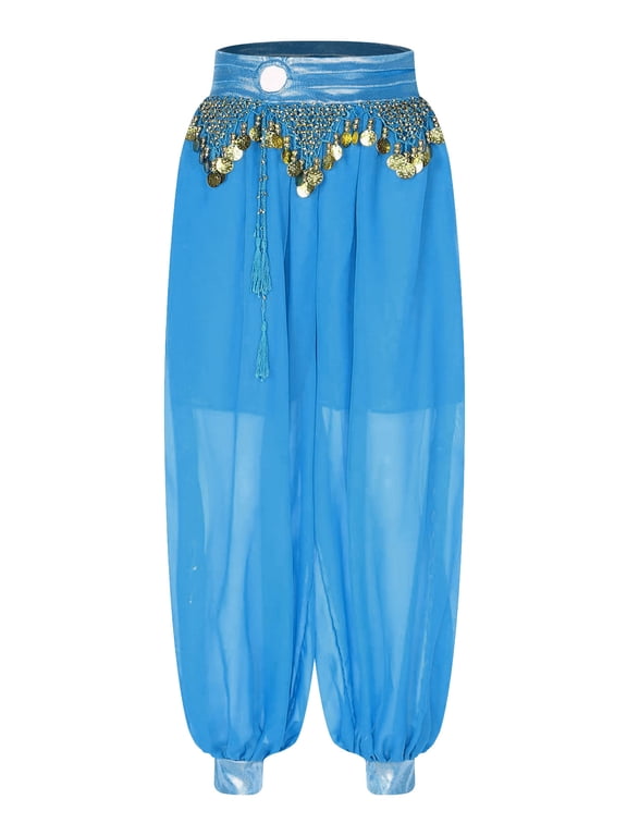 Women Belly Dance Costume Pants Side Split Shiny Beads Tassels Harem Pants Arabic Halloween Sky Blue One Size