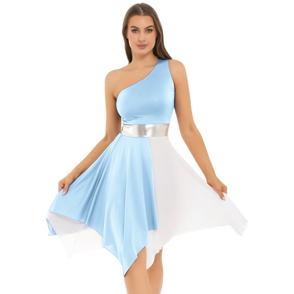 Sholeno Women Color Block Liturgical Praise Dance Dress Sleeveless Asymmetrical Church Worship Dance Light Blue S