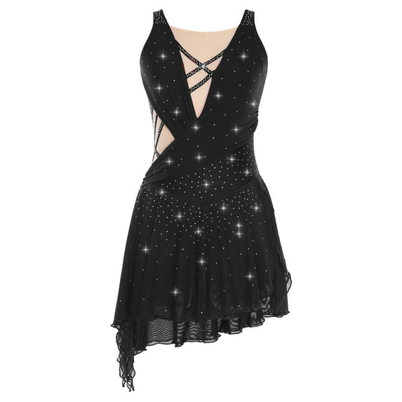 Sholeno Women Dance Dress Rhinestones Adorned Straps Backless Side Slit Flowy Asymmetrical Hem Dress Black S